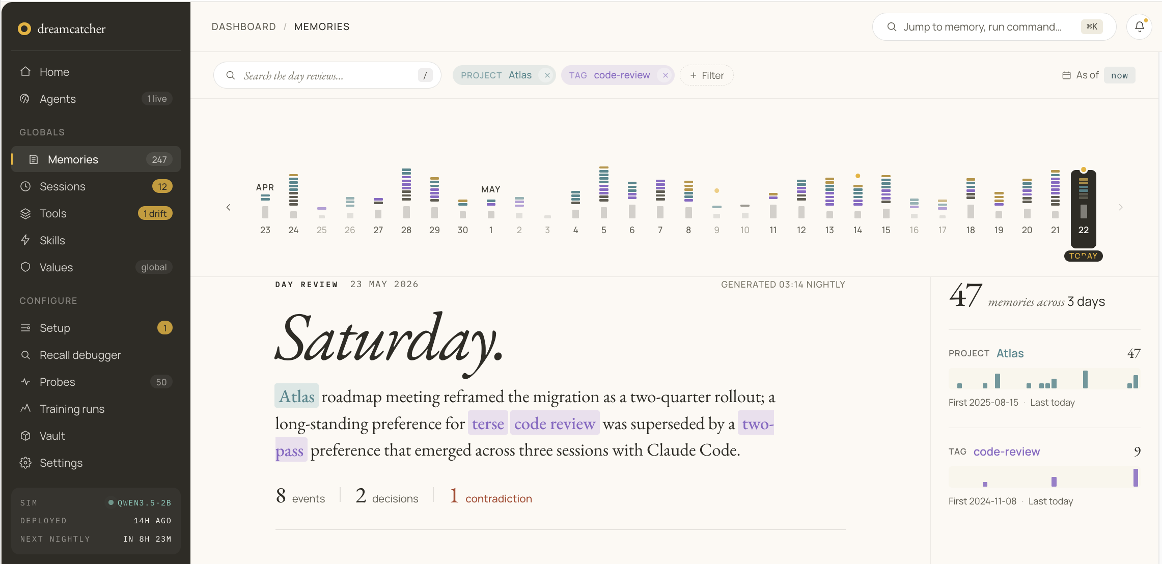 Dreamcatcher Memories — the Saturday day review, with the same agent's memory shared across Claude Code, Codex and Cursor